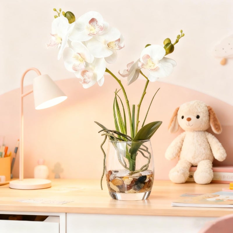 Jusdreen White Orchid Centerpiece in Glass Vase, 14.5 Inch Artificial Phalaenopsis with Potting for Home Office Decor, Table Centerpiece - Image 3